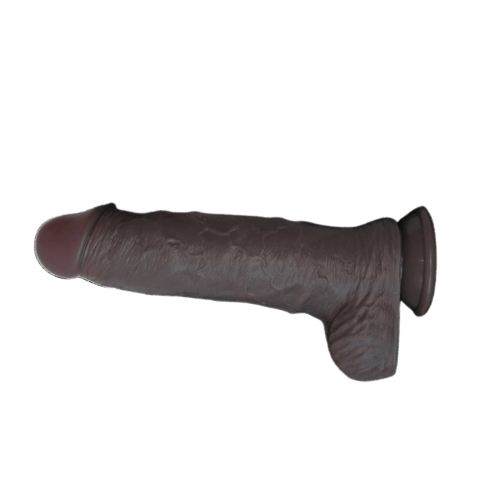 A small, realistic-looking black dildo with a strong suction base, displayed next to its discreet white packaging box with 'King Louise' branding.