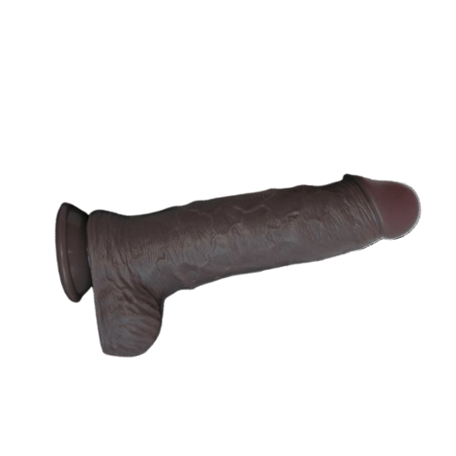 A small, realistic-looking black dildo with a strong suction base, displayed next to its discreet white packaging box with 'King Louise' branding.