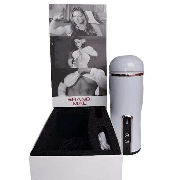 The product image shows the Brandi Mae Finisher, a sleek white and silver pleasure device, along with its packaging that features a black and white photo of a woman. The packaging also displays the product name and brand.