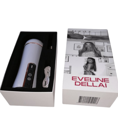 The product image shows the Eveline Dellai Finisher in its packaging. The packaging is predominantly white with a clear display window revealing the product.