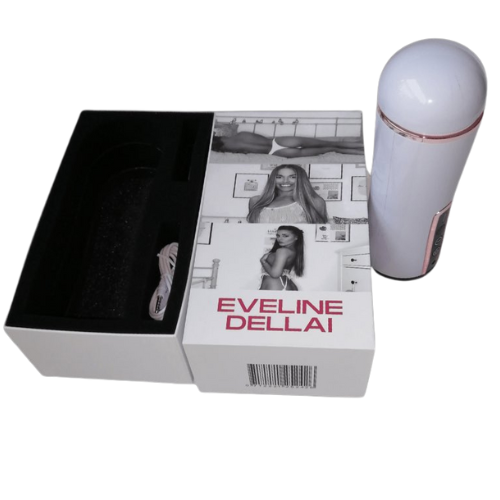 The product image shows the Eveline Dellai Finisher in its packaging. The packaging is predominantly white with a clear display window revealing the product.