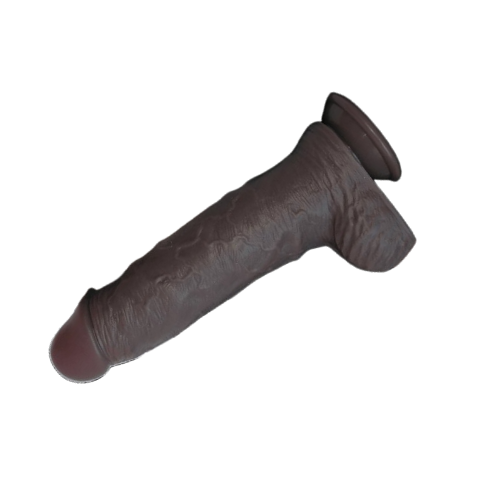 A small, realistic-looking black dildo with a strong suction base, displayed next to its discreet white packaging box with 'King Louise' branding.