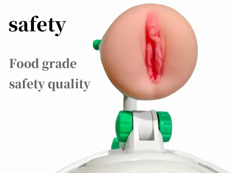 Product with a focus on safety and food grade quality, featuring a close-up of a mouth and text.