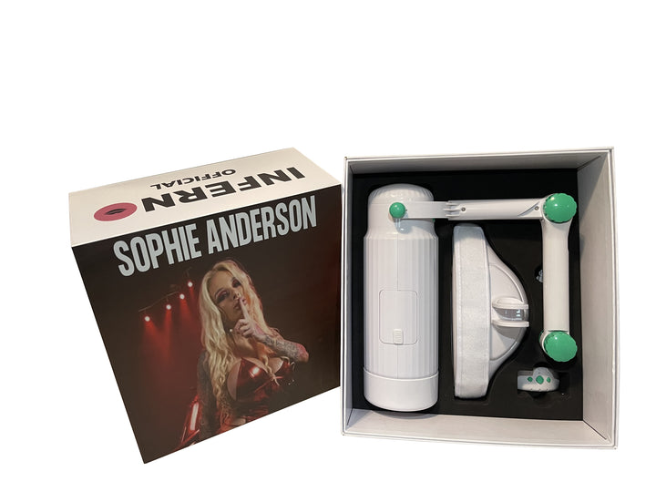 The product image shows the Sophie Anderson Milker automation masturbator by Inferno Official, packaged in a color box with the product and a remote control visible. The box features an image of a woman (Sophie Anderson) on the front.