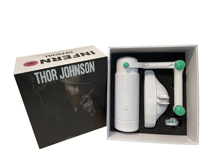 The product image shows the Thor Johnson Milker in a sleek grey color, with a modern design and articulated arm. It is displayed next to its packaging, which features a black and white box with a picture of Thor Johnson and the product name.